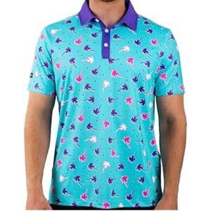 Sunday Swagger Men’s XL Teal Blue Polo Shirt Pink and Purple Palm Trees Retro